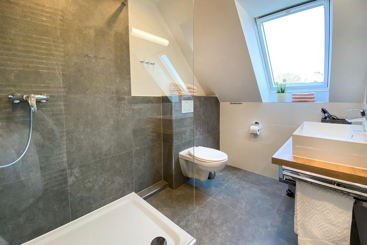 Modern-harmonisch anmutendes Badezimmer mit großer Dusche, WC und Waschtisch