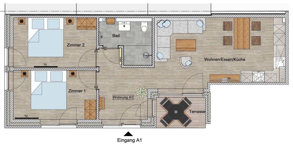 Grundriss des Apartments A1 im Haus Deichwind in der Königsberger Allee 36 in Grömitz 